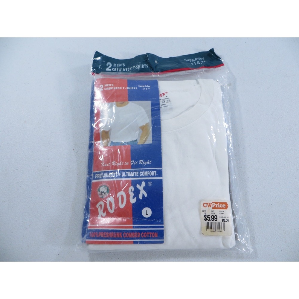 2-Pack Rodex Mens White Cotton Crew Neck T-Shirts Size Large NEW SEALED